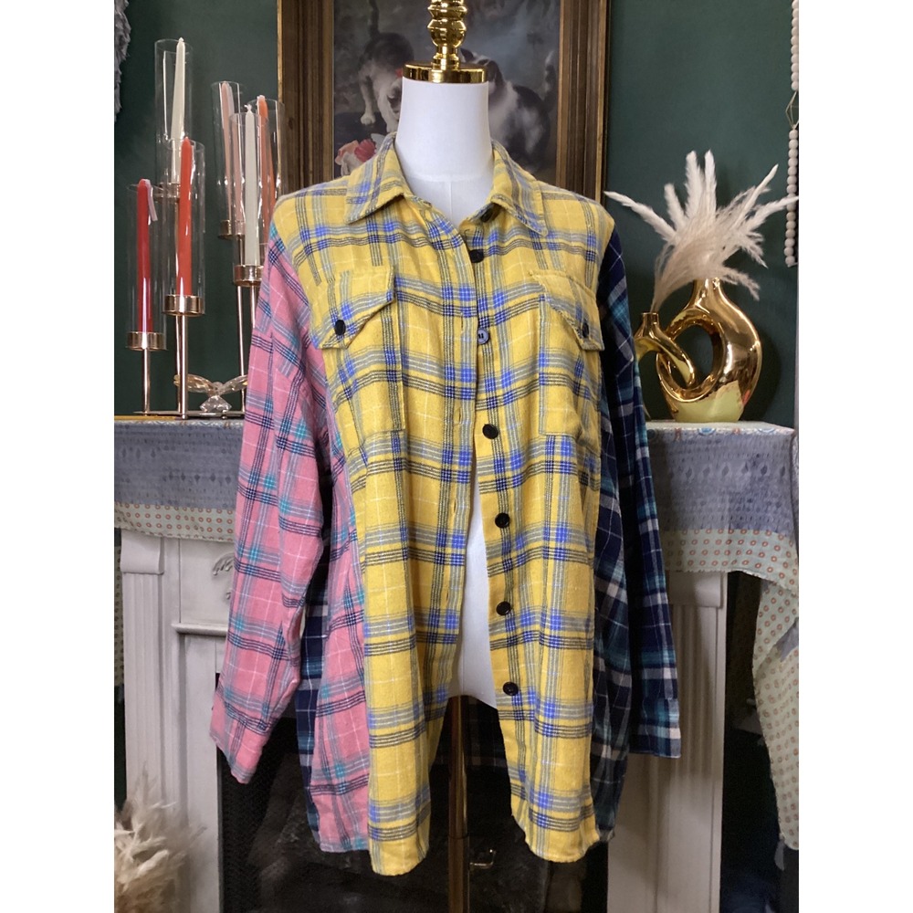 Haptics By Holly Harper Colorblock Plaid Flannel Oversized Shirt Small